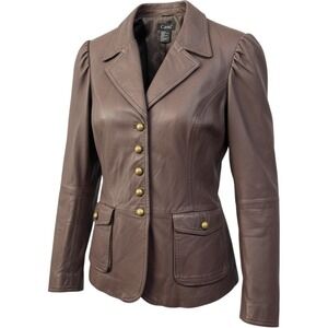 Cami Brown Leather Blazer Jacket 16 Puff Sleeve Brass Buttons Steampunk